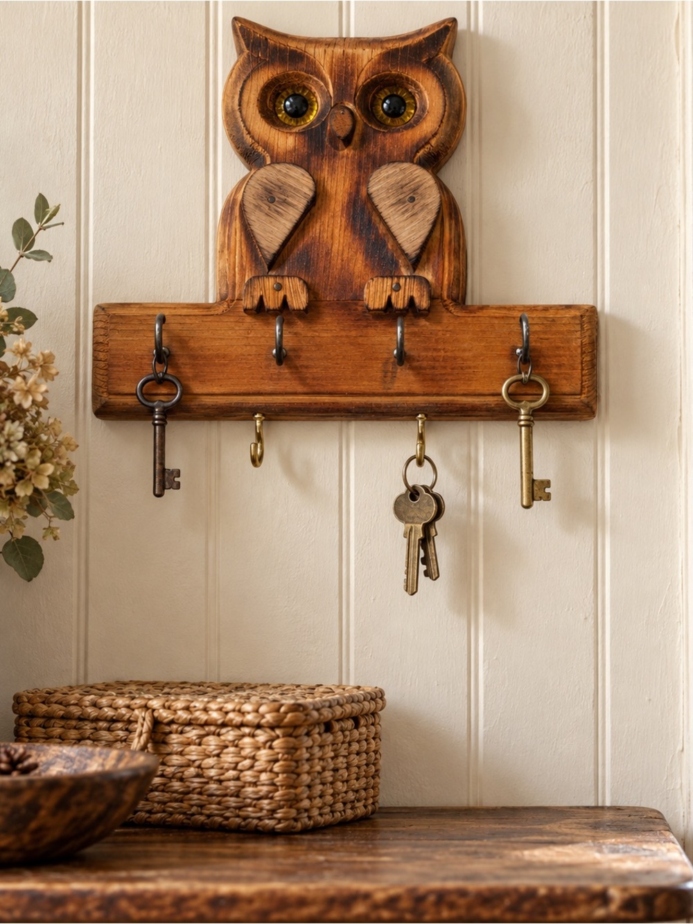 Vintage Wooden Owl Wall Key Holder 6 Hook Rustic Folk Art Décor